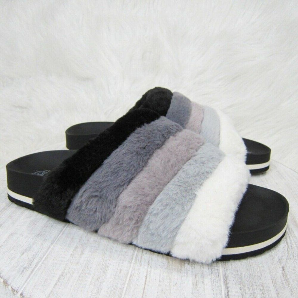 Time And Tru Black Size 11 Faux Fur Casual Slip On Slides Slippers Sandals